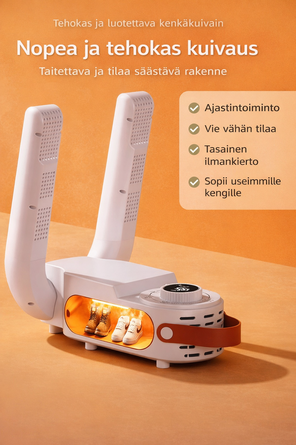 Taitettava sähköinen kenkäkuivain ajastimella