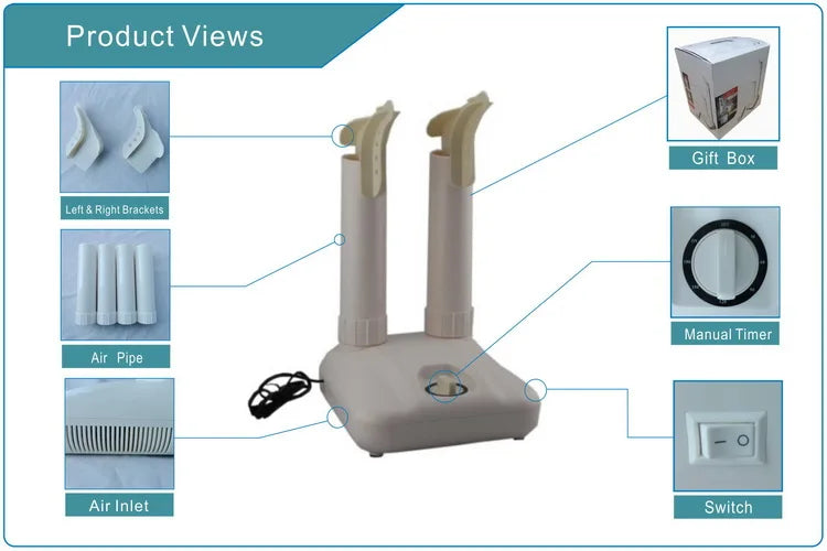 Ozoni-pohjainen jalkinekuivaaja lämmityksellä ja ajastimella – ozonigeneraattori nopeaan kuivaamiseen sekä kosteuden ja hajujen poistamiseen kengistä
