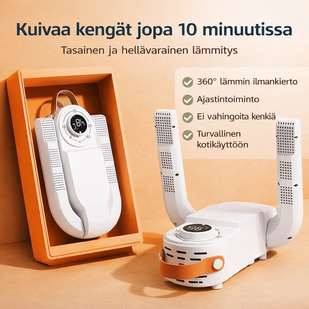 Taitettava sähköinen kenkäkuivain ajastimella