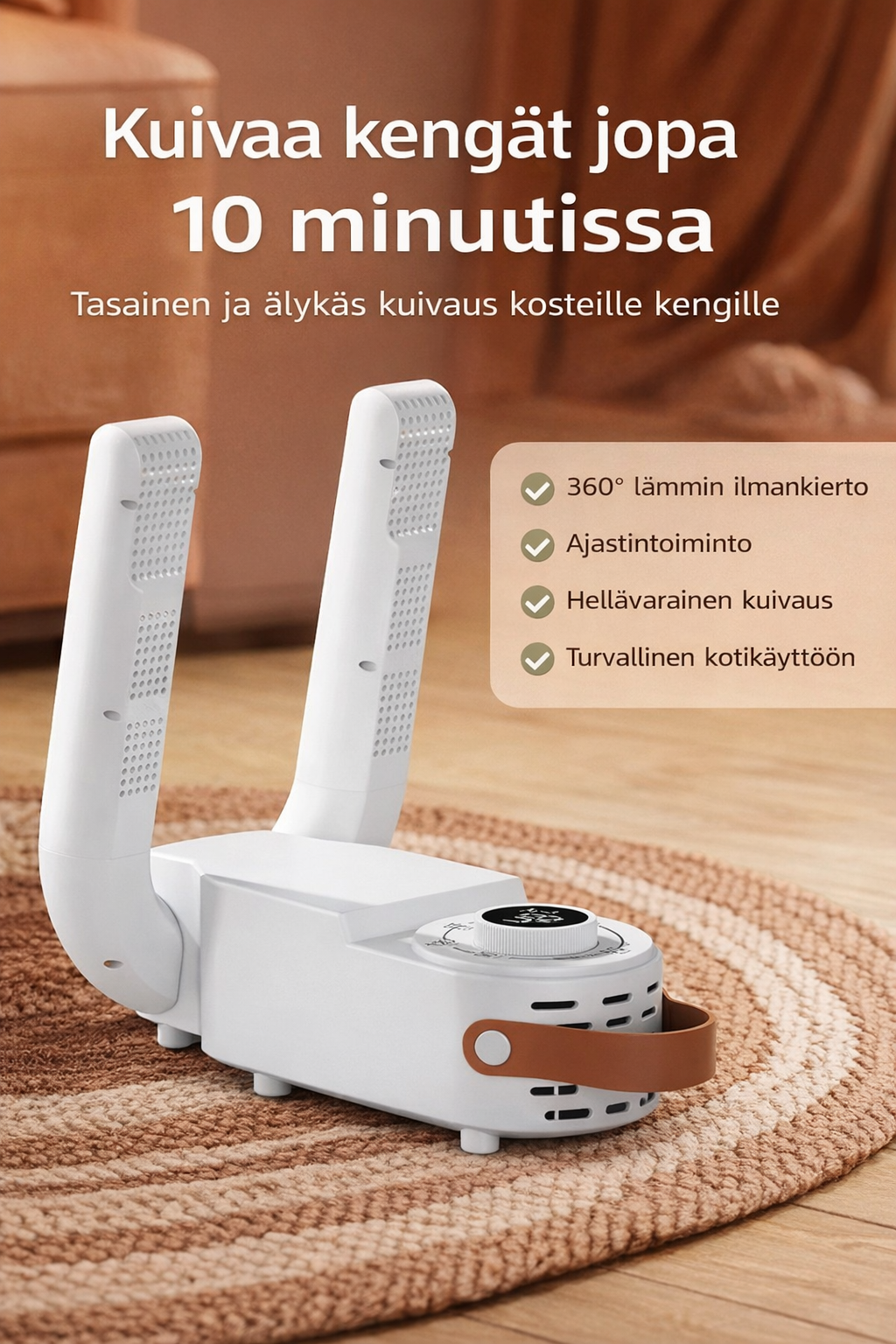 Taitettava sähköinen kenkäkuivain ajastimella