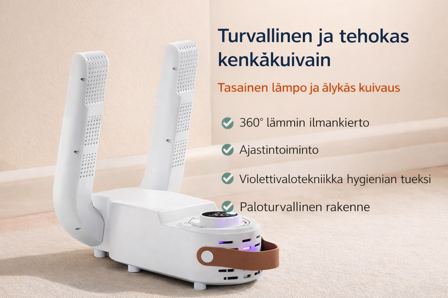 Taitettava sähköinen kenkäkuivain ajastimella