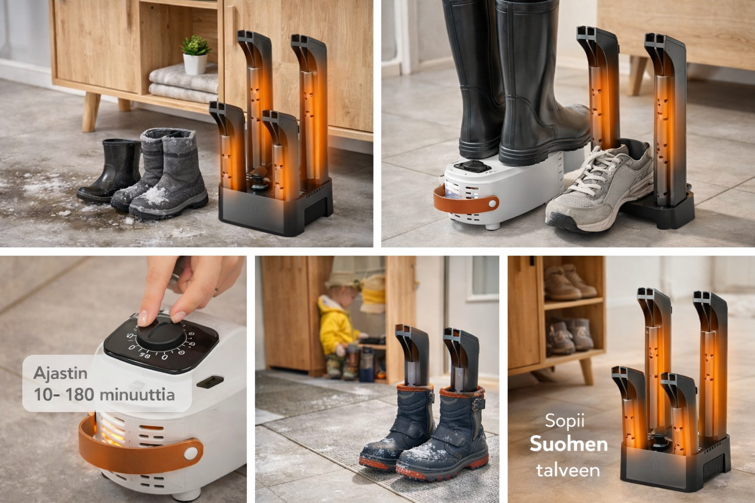 Taitettava sähköinen kenkäkuivain ajastimella